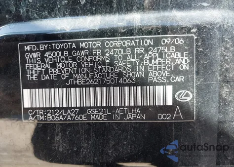 2007 Lexus Is 350 z USA, uszkodzony, nr VIN JTHBE262175014063